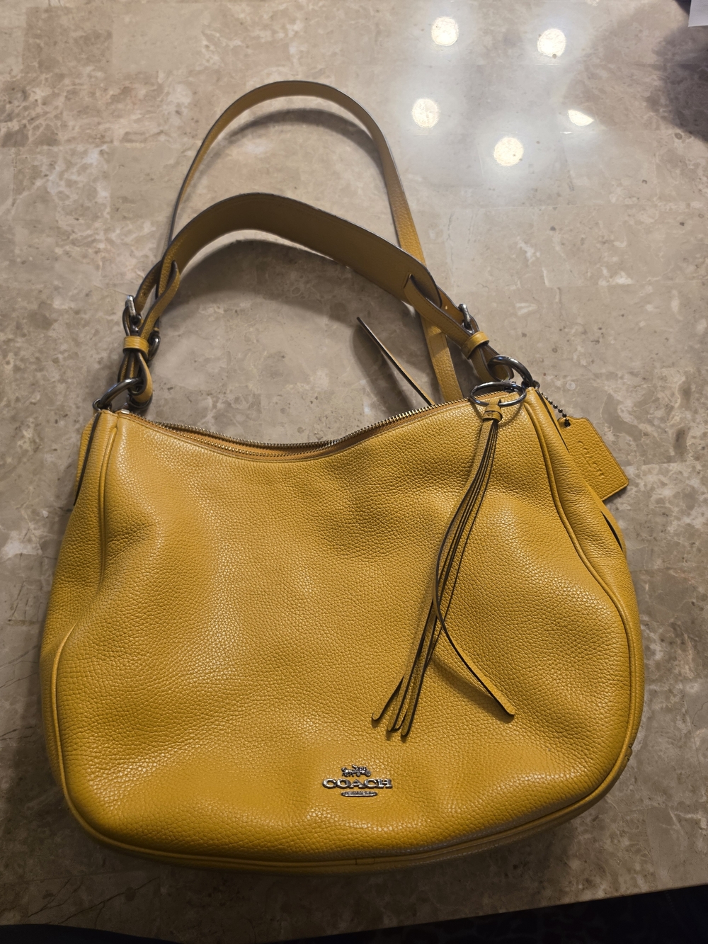 Coach Mustard Yellow Pebbled Leather Shoulder Bag with Tassel